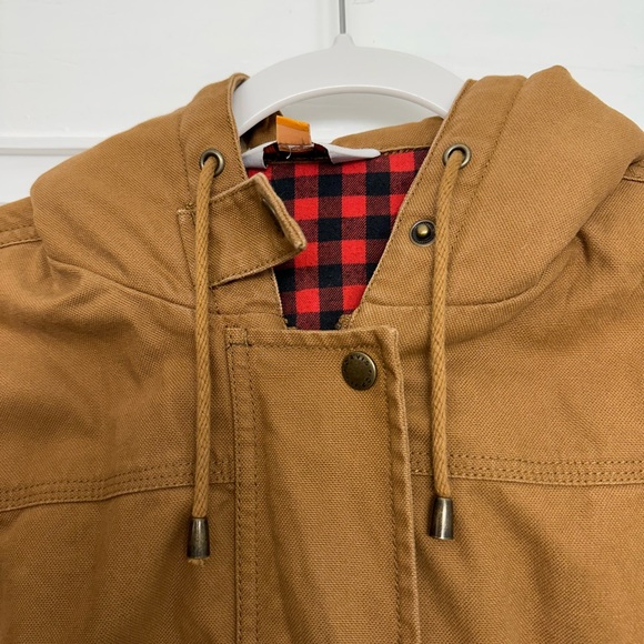 Orvis Tan Canvas Hoodie Jacket with Red Plaid Design. Size M, Great Condition - Picture 3 of 8